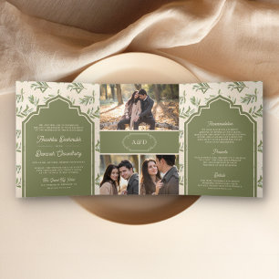 Olive Green Leaves All in One Indian Wedding Tri-Fold Invitation