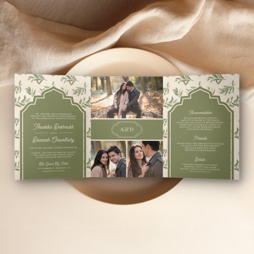 Olive Green Leaves All in One Indian Wedding Tri_Fold Invitation