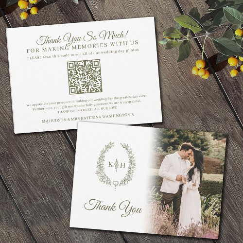 Olive green leaves monogram wedding photo QR Code Thank You Card