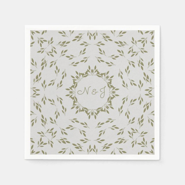 Olive Green Leaves Natural Oatmeal Rustic Wedding Napkins (Front)