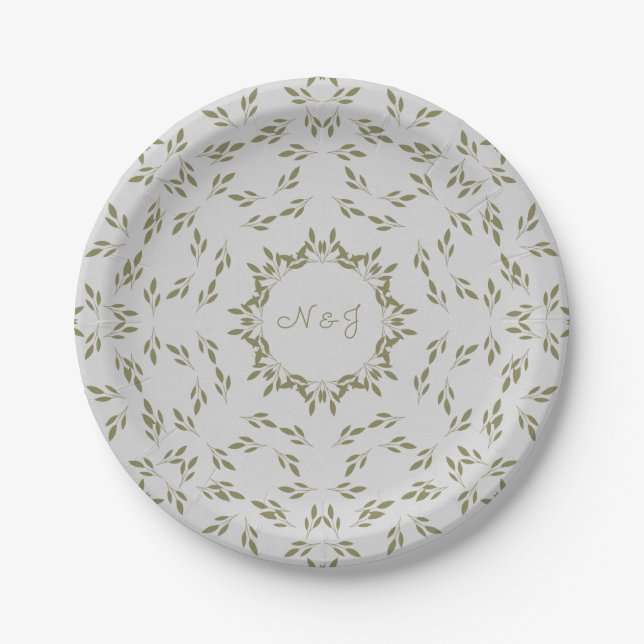 Olive Green Leaves Natural Oatmeal Rustic Wedding Paper Plates (Front)