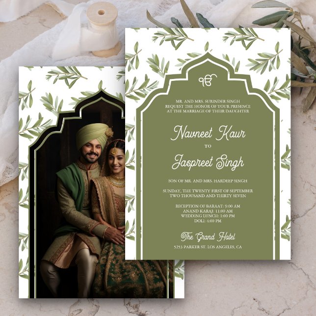 Olive Green Leaves Photo Anand Karaj Sikh Wedding Invitation (Creator Uploaded)