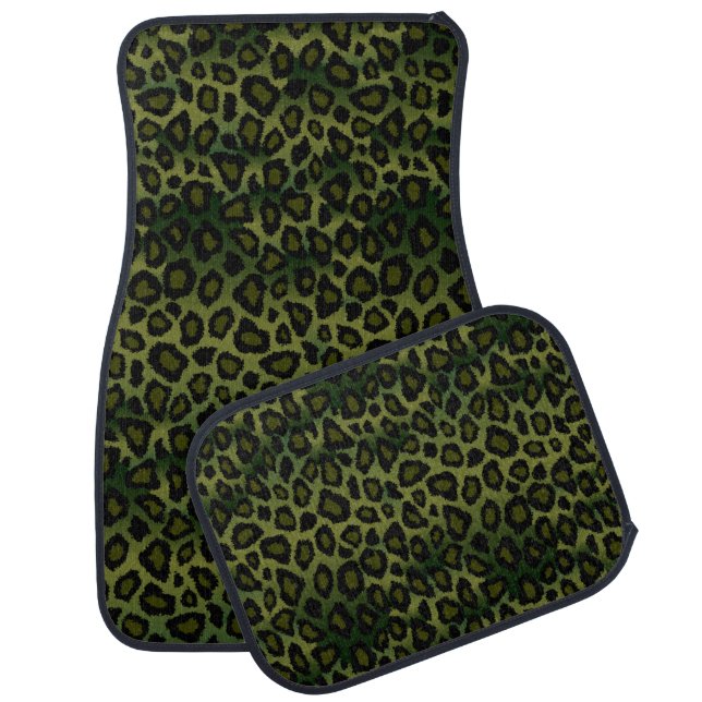Olive Green Leopard Animal Print Car Floor Mat (Set)