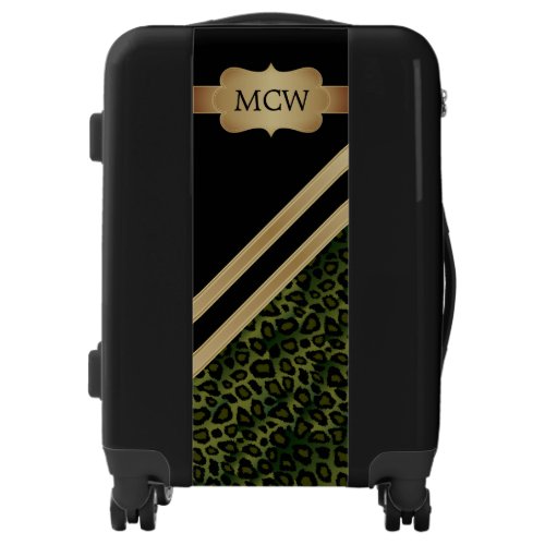 Olive Green Leopard Animal Print  Monogram Luggage
