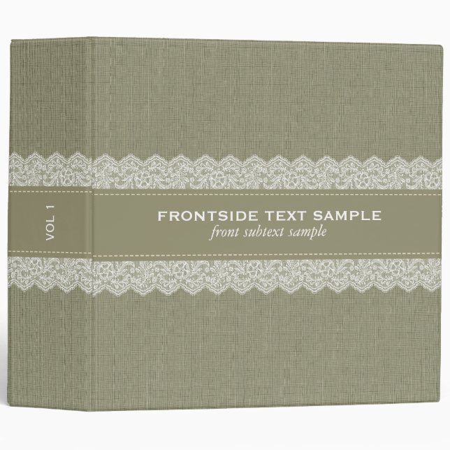 Olive Green Linen Burlap Fabric Look White Lace Binder (Front/Spine)