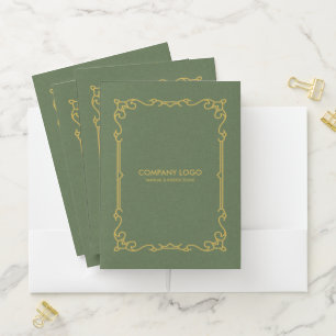 Olive Green Linen With Gold Frame Accent Pocket Folder