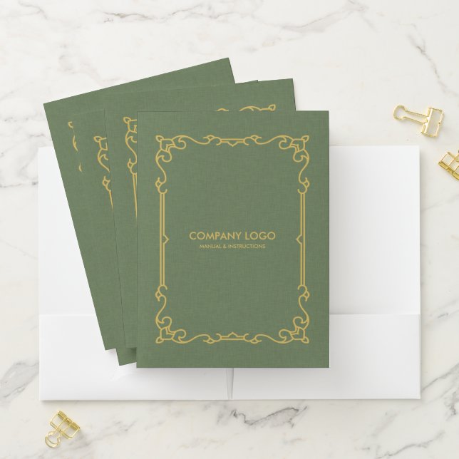 Olive Green Linen With Gold Frame Accent Pocket Folder (In Situ)