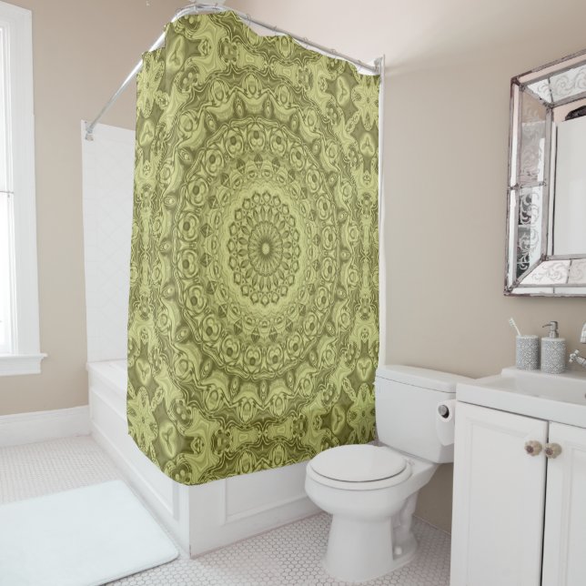 Olive Green Mandala Pattern Design Shower Curtain (In Situ)