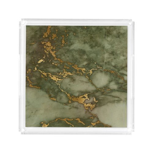 Olive Green Marble Faux Gold Foil Acrylic Tray