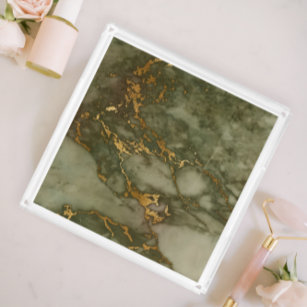 Olive Green Marble Faux Gold Foil Acrylic Tray