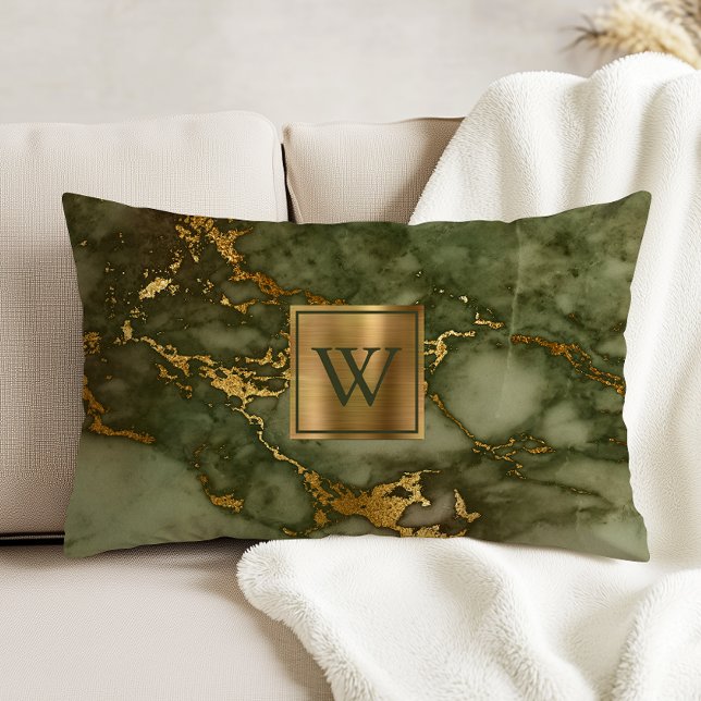 Olive Green Marble Faux Gold Foil Monogram Accent Pillow (Creator Uploaded)
