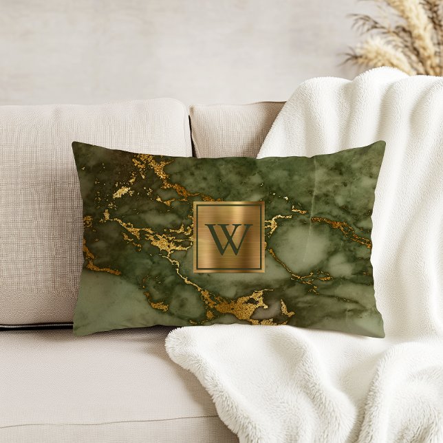 Olive Green Marble Faux Gold Foil Monogram Accent Pillow (Creator Uploaded)