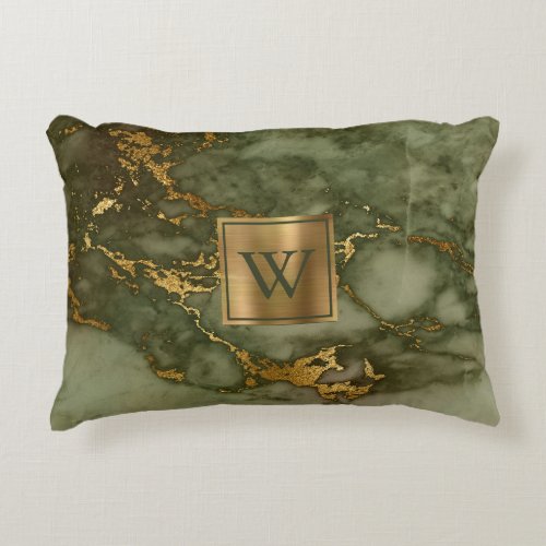 Olive Green Marble Faux Gold Foil Monogram Accent Pillow
