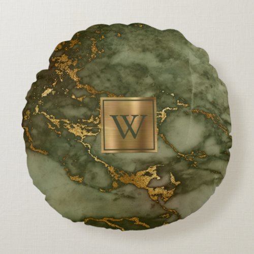 Olive Green Marble Faux Gold Foil Monogram Round Pillow