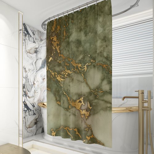 Olive Green Marble Faux Gold Foil Shower Curtain