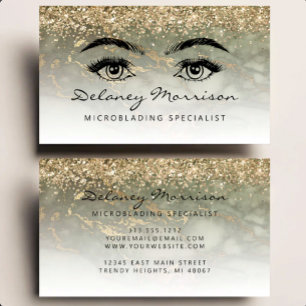 Olive Green Marble Gold Glitter Eyes Microblading Business Card