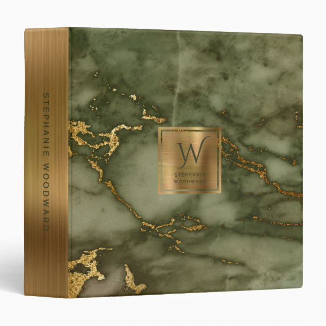 Olive Green Marble Gold Monogram 3 Ring Binder (Front/Spine)