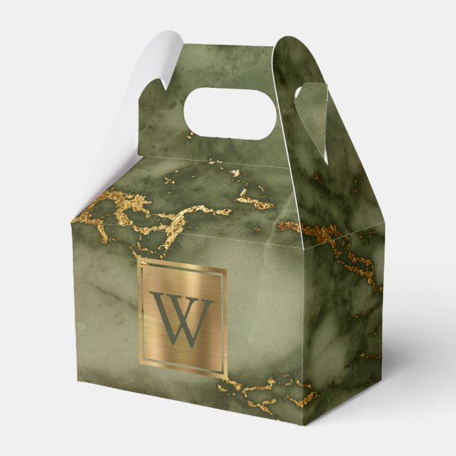 Olive Green Marble Gold Monogram Favor Boxes (Front Side)