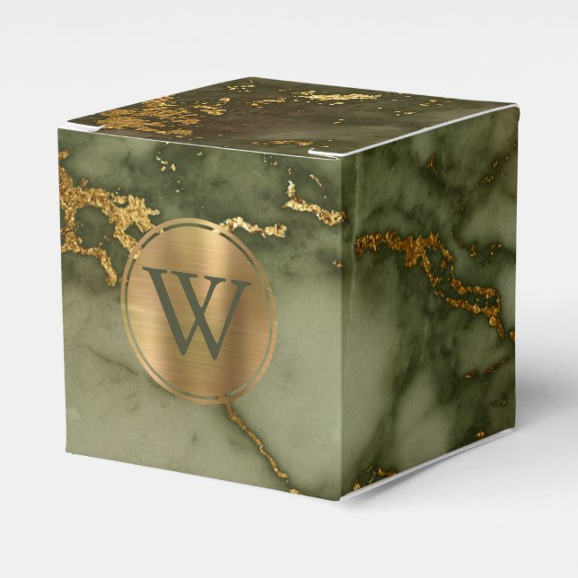 Olive Green Marble Gold Monogram Favor Boxes (Front Side)