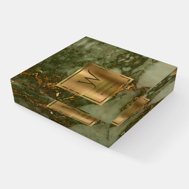 Olive Green Marble Gold Square Decorative Monogram Paperweight (Angled)