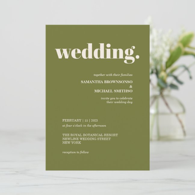 Olive Green Minimal Earth Tone Wedding Invitation