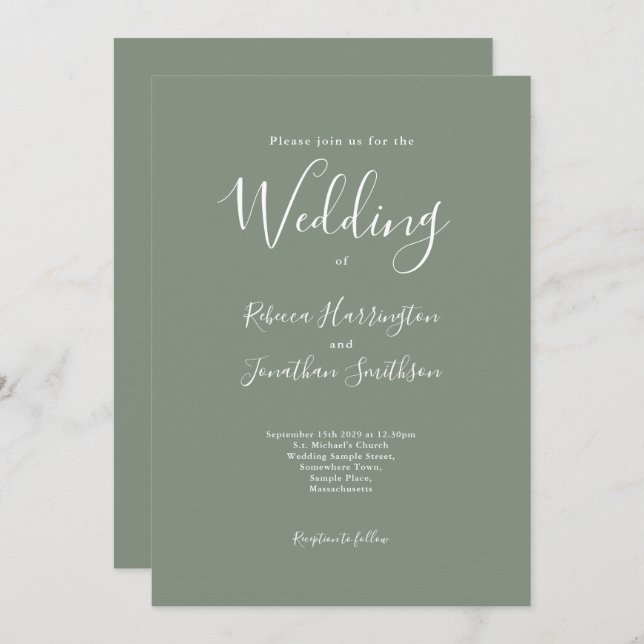 Olive Green Minimal Modern Wedding Invitation (Front/Back)