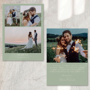 Olive Green Minimalist 4 Photo Wedding Thank You Card
