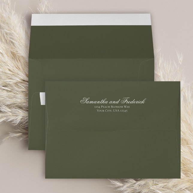 Olive Green Minimalist Custom Wedding Envelope (Olive green calligraphy script return address envelope.)