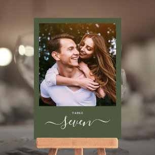 Olive Green Minimalist Elegant Script Photo Table Number