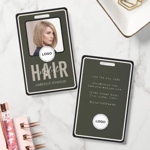 Olive Green Minimalist Hair Stylist Photo ID Badge