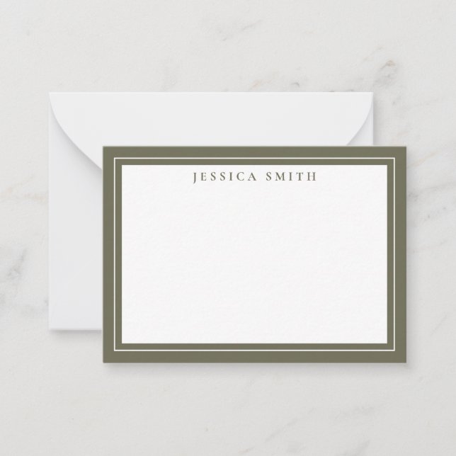 Olive Green Minimalist Monogram Line Border Note Card (Front)