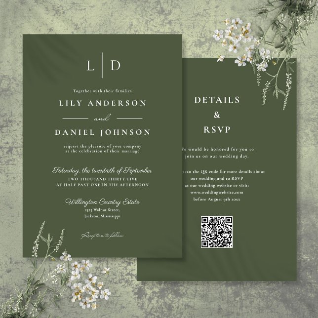 Olive Green Minimalist Monogram QR Code Wedding Invitation (Olive Green Minimalist Monogram QR Code Wedding Invitation)