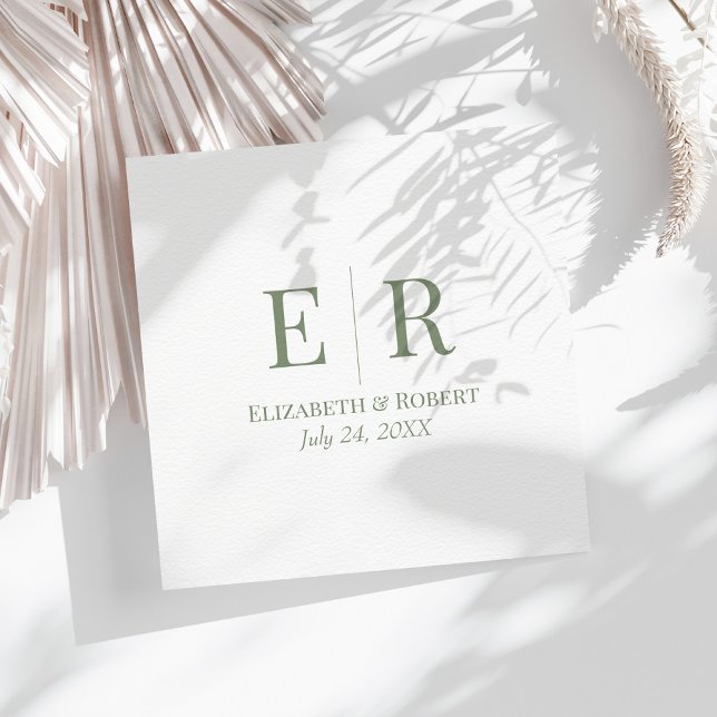 Olive Green Minimalist Monogram Wedding Napkins (Olive Green Minimalist Monogram Wedding Napkins on a sunny table with neutral dry flowers.)