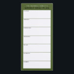 Olive Green Minimalist Simple Family Meal Planning Magnetic Notepad<br><div class="desc">Write your dinners on this magnetic note pad for an easy way to plan out the week's meals and stick it up on your fridge, pantry door or command center. The simple, modern layout in earth olive green, black and white with sans serif fonts will appeal to every visually organized...</div>