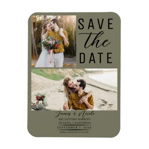 Olive Green Modern 2 Photos Save the Date Wedding Magnet