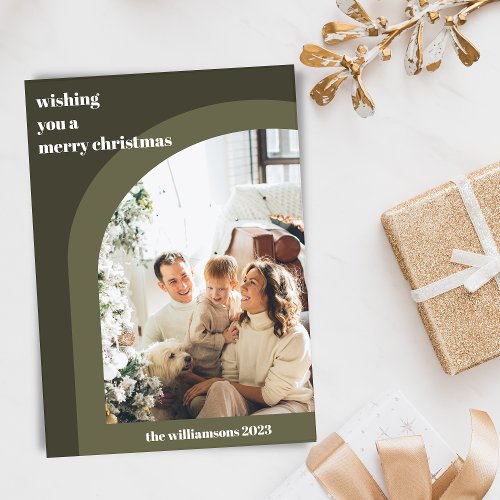 Olive Green Modern Arch Two Vertical Photo  Holiday Card