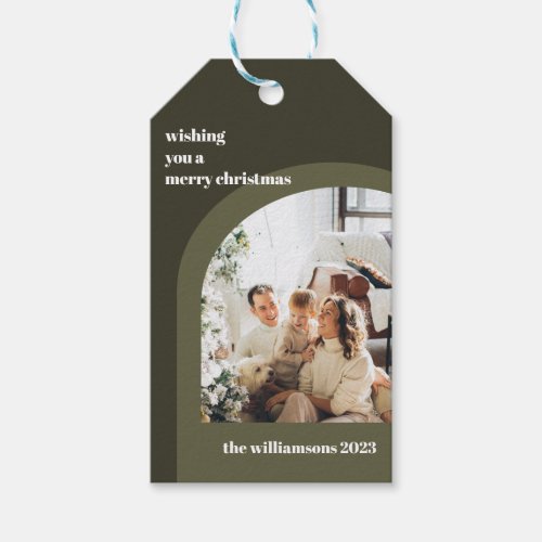 Olive Green Modern Arch Vertical Photo Christmas Gift Tags