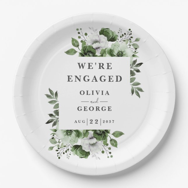 Olive Green Modern Country Floral Engagement Party Paper Plates (Front)