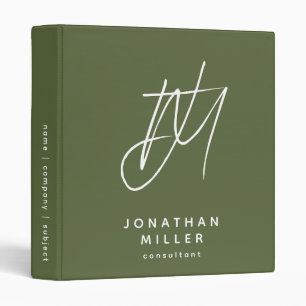 Olive Green Modern Minimalist Monogram 3 Ring Binder
