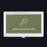 Olive Green Modern Minimalist Monogram Business Card Case<br><div class="desc">Keep your business cards organized and stylish with this olive green modern minimalist business card case. The design features a monogram in gray, adding a personal touch to your professional look. This case is perfect for carrying in your bag or briefcase, and makes a great gift for colleagues and clients....</div>