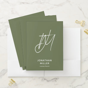 Olive Green Modern Minimalist Monogram Pocket Folder