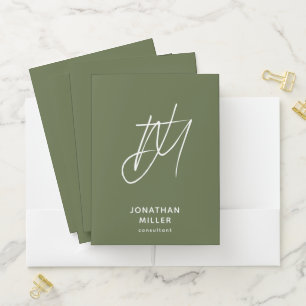 Olive Green Modern Minimalist Monogram Pocket Folder