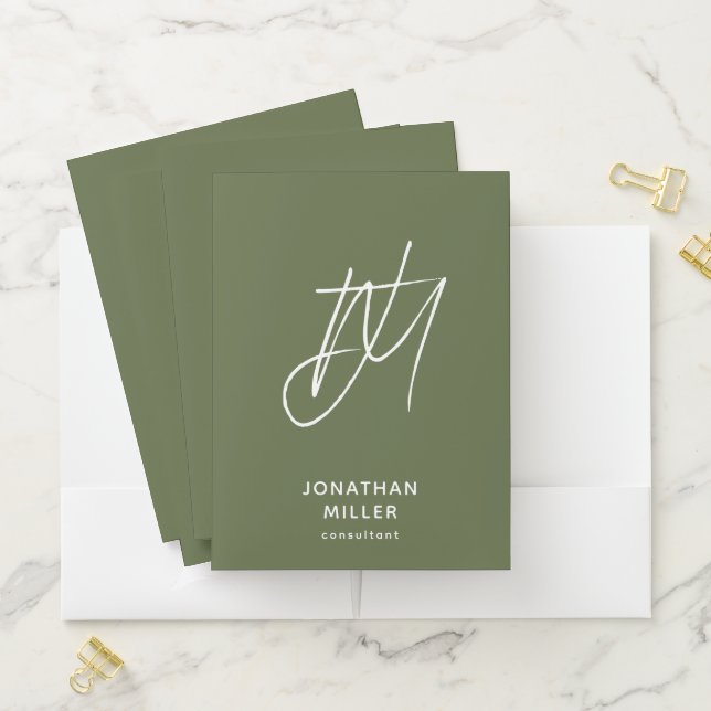Olive Green Modern Minimalist Monogram Pocket Folder (In Situ)