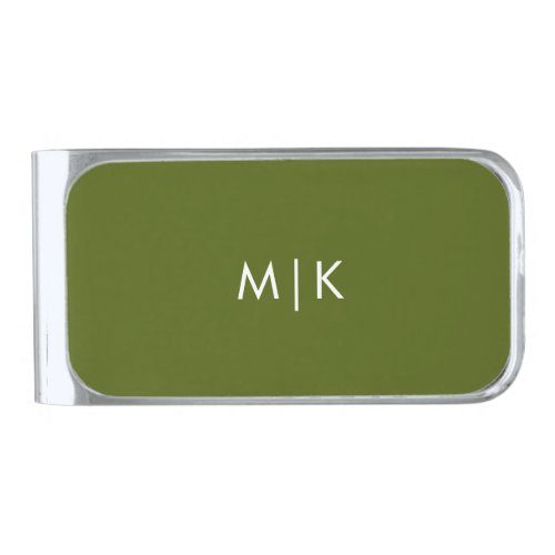 Olive Green | Modern Monogram Silver Finish Money Clip