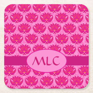 Olive Green Modern Paisley Pattern Monogram Square Paper Coaster