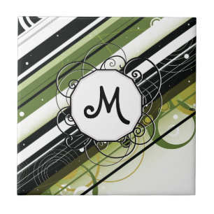 Olive Green Modern-Retro Stripes with Monogram Ceramic Tile