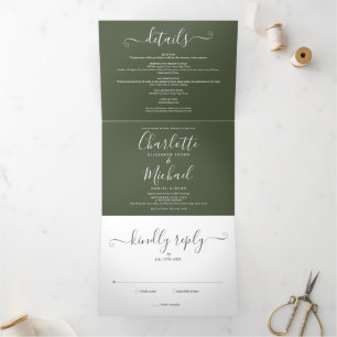 Olive Green Modern Script Minimalist Photo Wedding Tri-Fold Invitation