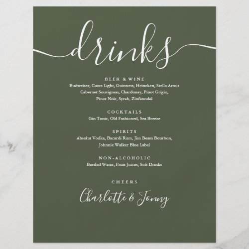 Olive Green Modern Script Wedding Drinks Menu Flyer