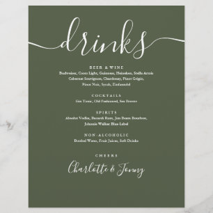 Olive Green Modern Script Wedding Drinks Menu Flyer