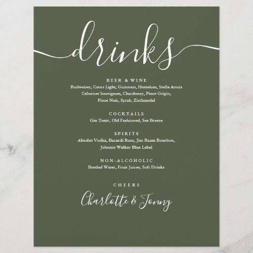 Olive Green Modern Script Wedding Drinks Menu Flyer